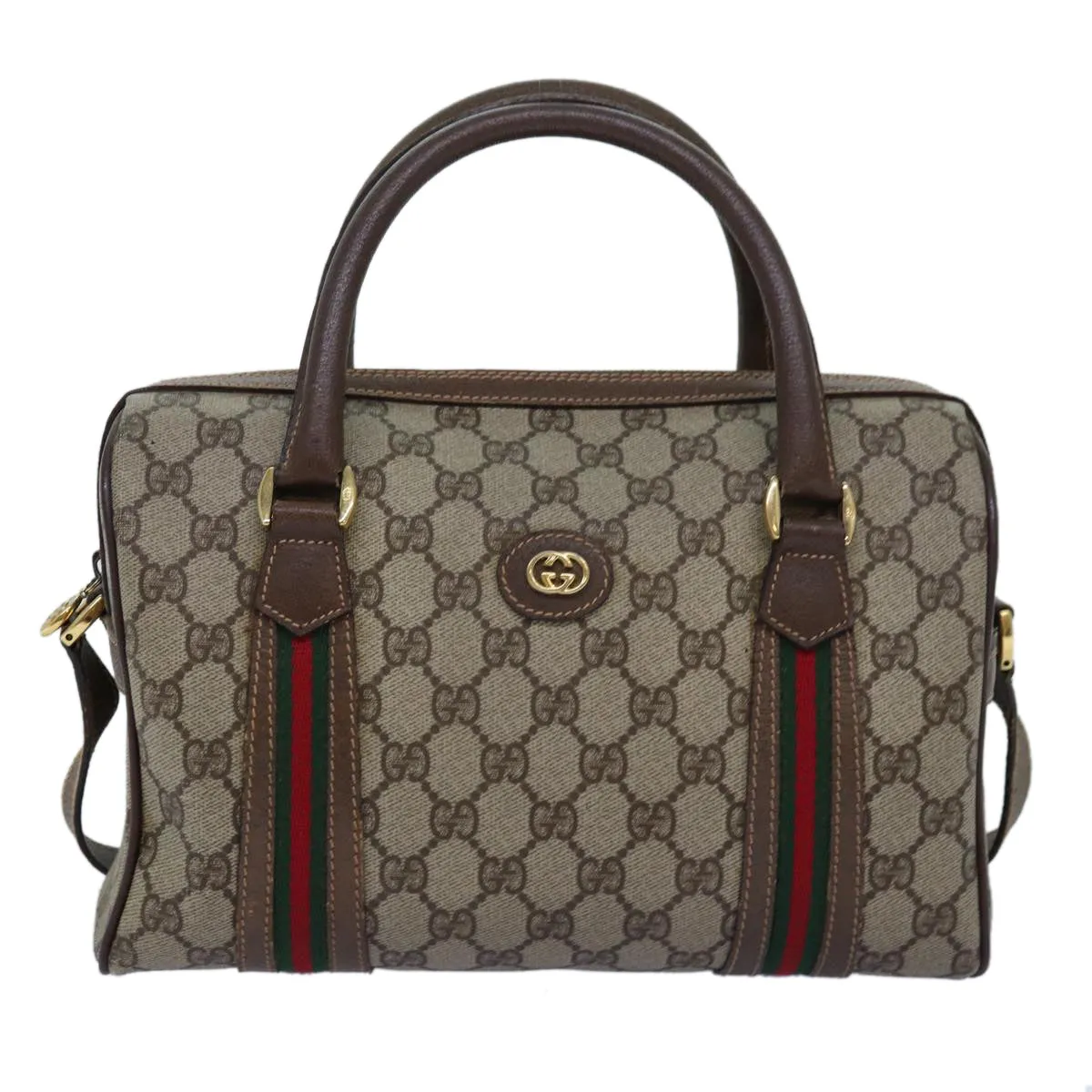 GUCCI GG Supreme Web Sherry Line Boston Bag PVC 2way Beige Red Green ki4476