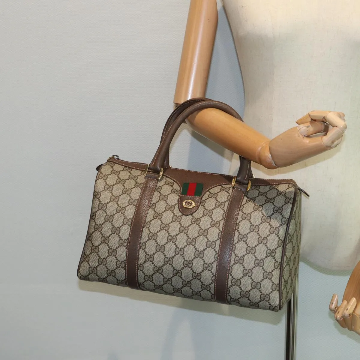 GUCCI GG Supreme Web Sherry Line Boston Bag PVC Beige 40 02 007 82874