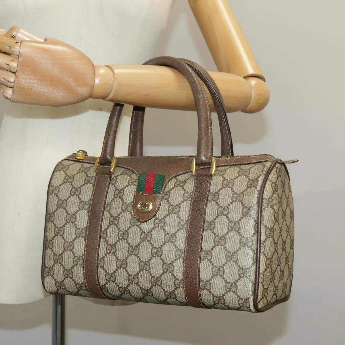 GUCCI GG Supreme Web Sherry Line Boston Bag PVC Beige Red 39 02 006 98939
