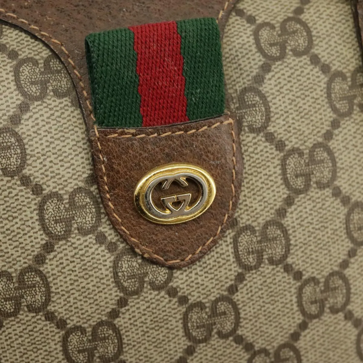 GUCCI GG Supreme Web Sherry Line Boston Bag PVC Beige Red 39 02 006 98939