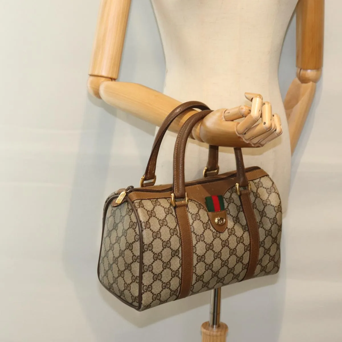 GUCCI GG Supreme Web Sherry Line Boston Bag PVC Beige Red 40 02 006 yk12612