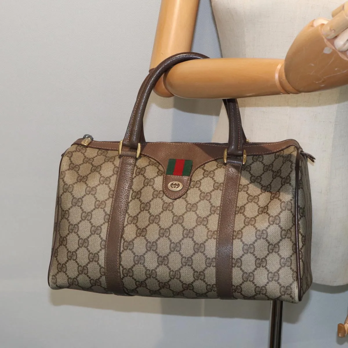 GUCCI GG Supreme Web Sherry Line Boston Bag PVC Beige Red 40 02 007 79159