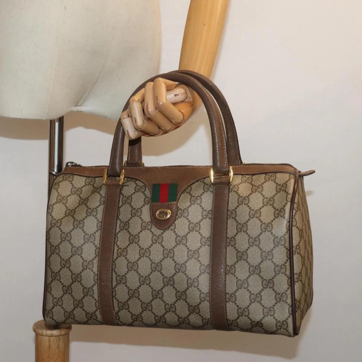 GUCCI GG Supreme Web Sherry Line Boston Bag PVC Beige Red 40 02 007 81948
