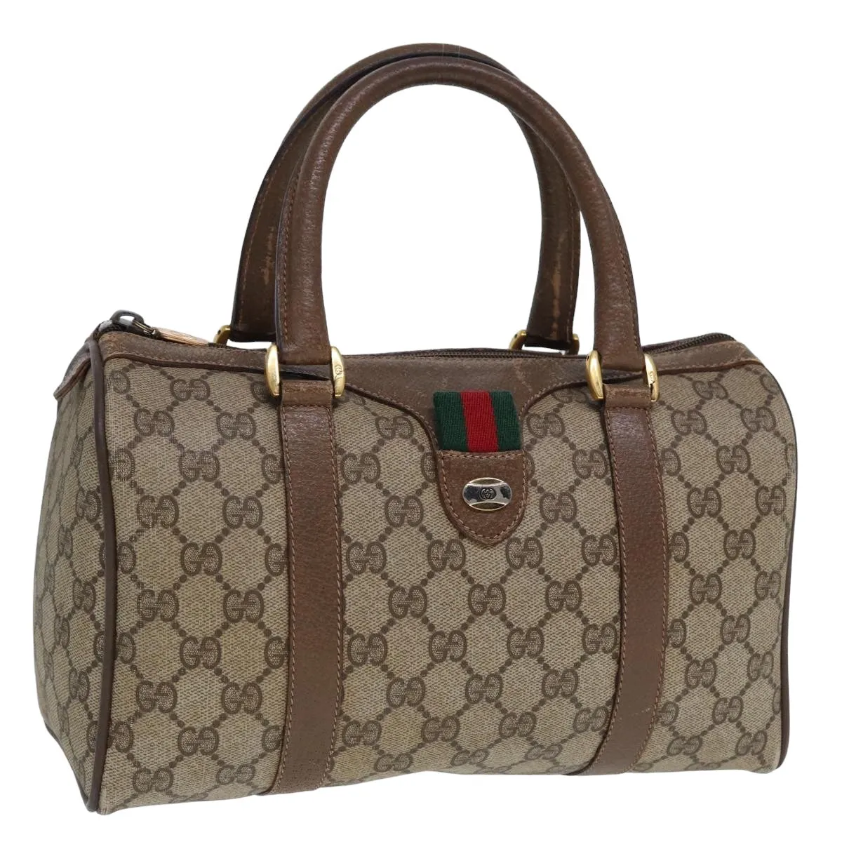 GUCCI GG Supreme Web Sherry Line Boston Bag PVC Leather Beige 78100