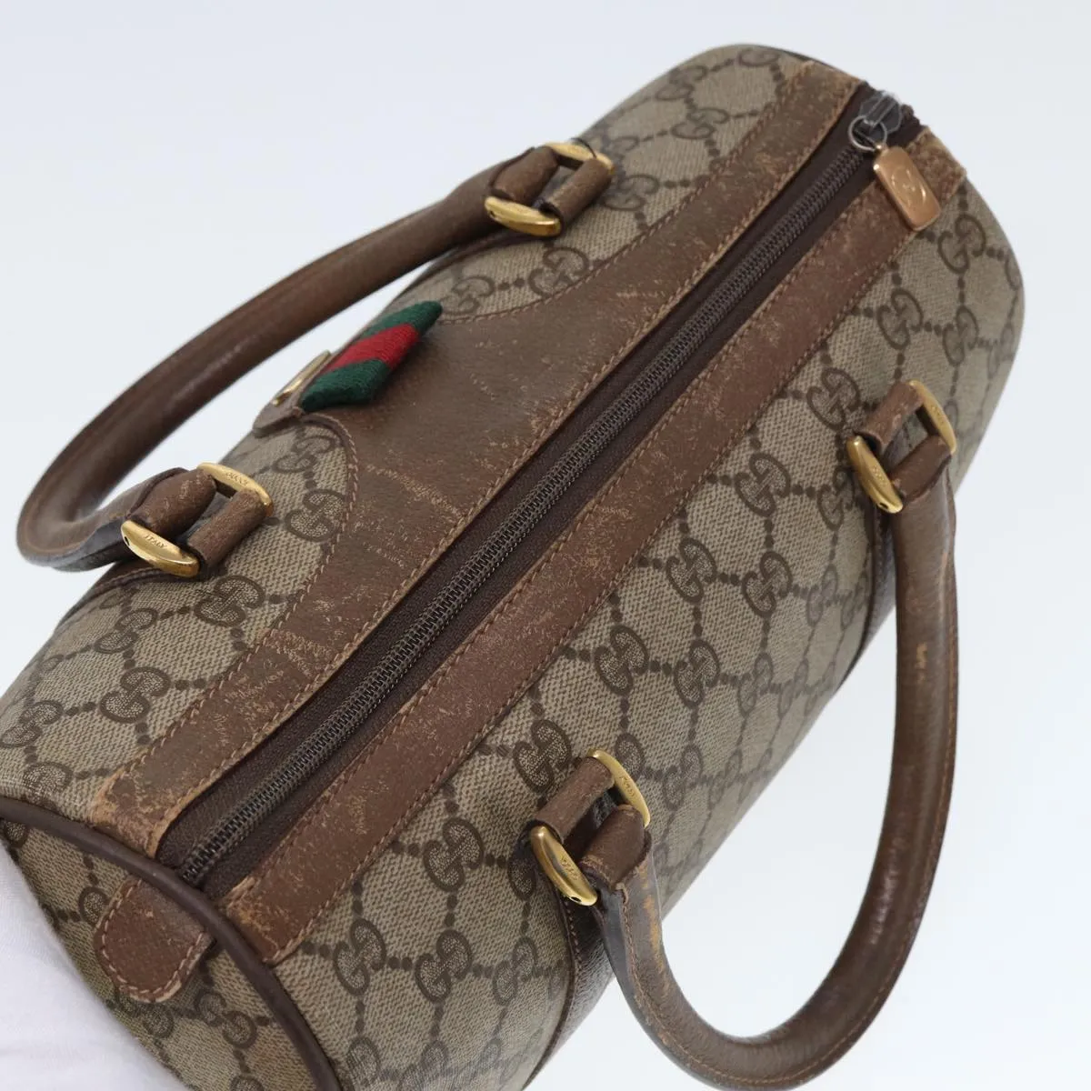 GUCCI GG Supreme Web Sherry Line Boston Bag PVC Leather Beige 78100
