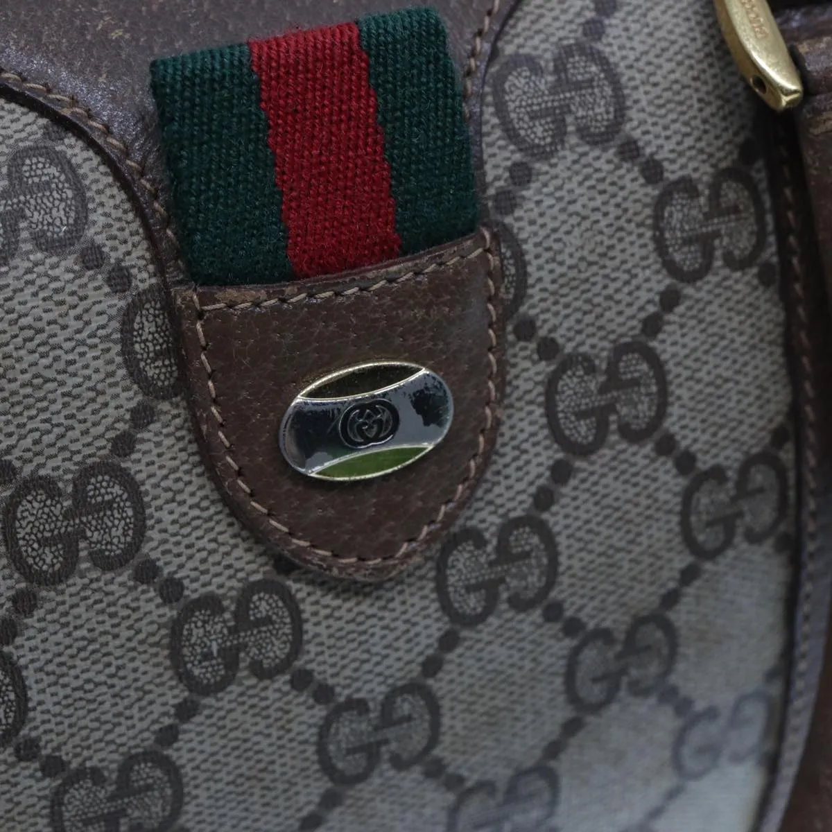 GUCCI GG Supreme Web Sherry Line Boston Bag PVC Leather Beige 78100