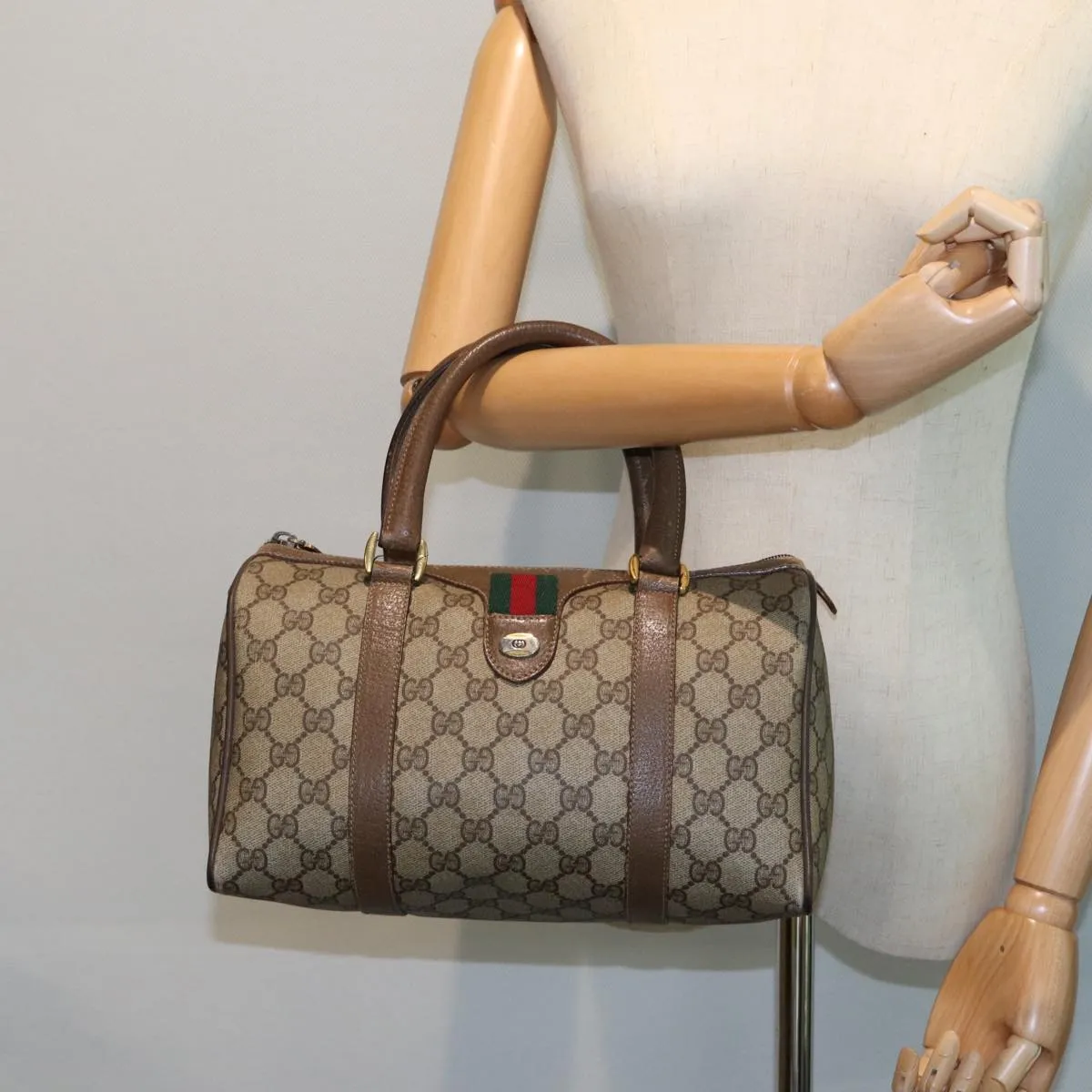 GUCCI GG Supreme Web Sherry Line Boston Bag PVC Leather Beige 78100