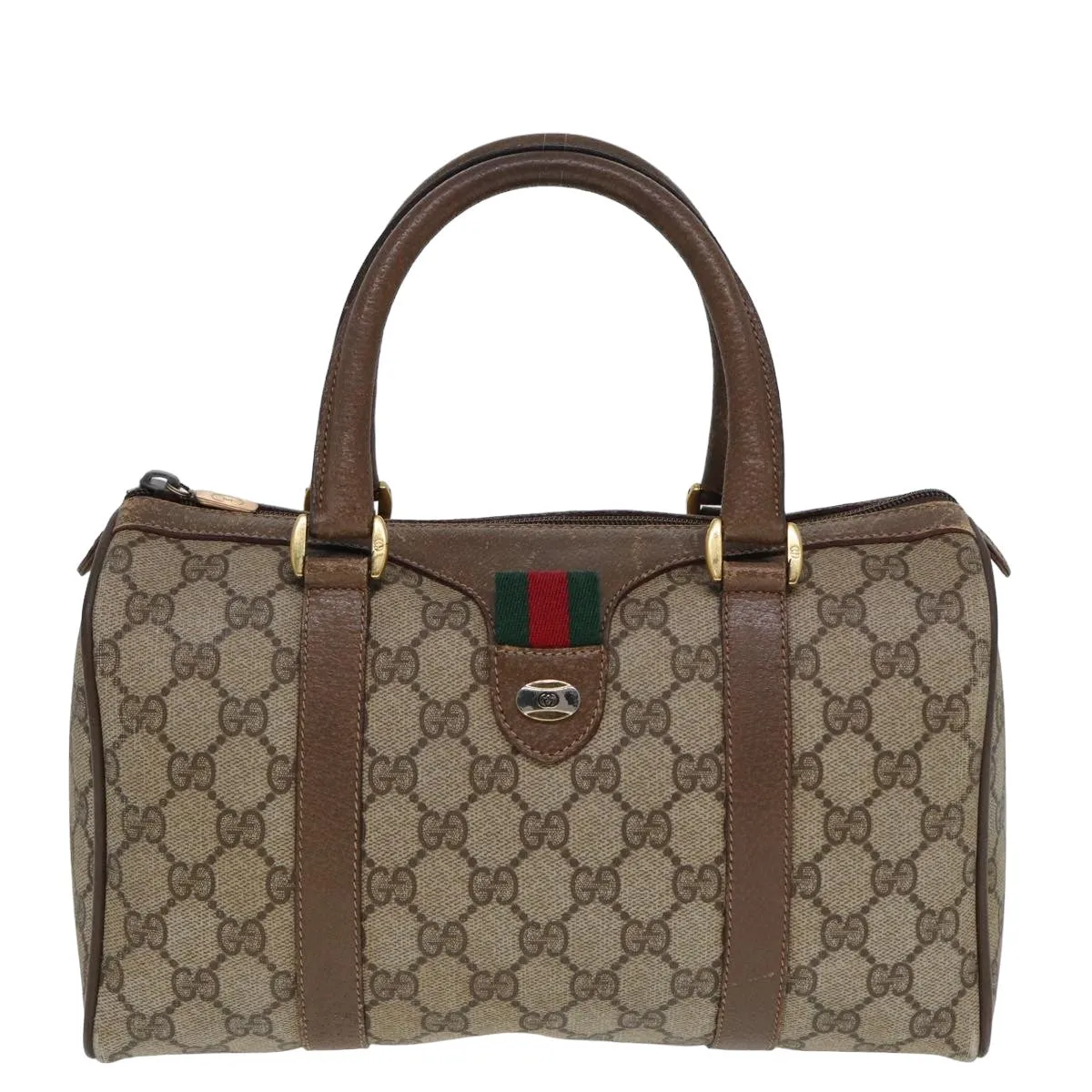 GUCCI GG Supreme Web Sherry Line Boston Bag PVC Leather Beige 78100