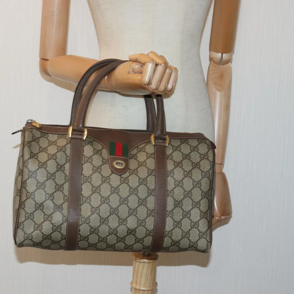 GUCCI GG Supreme Web Sherry Line Boston Bag PVC Leather Beige 81054