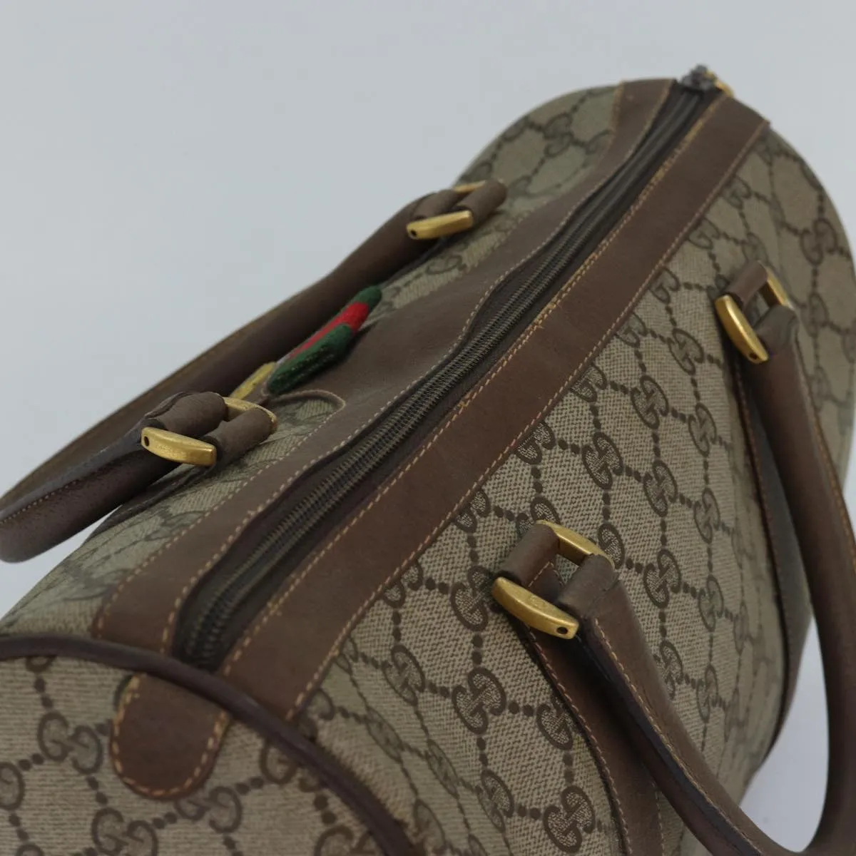 GUCCI GG Supreme Web Sherry Line Boston Bag PVC Leather Beige 81054