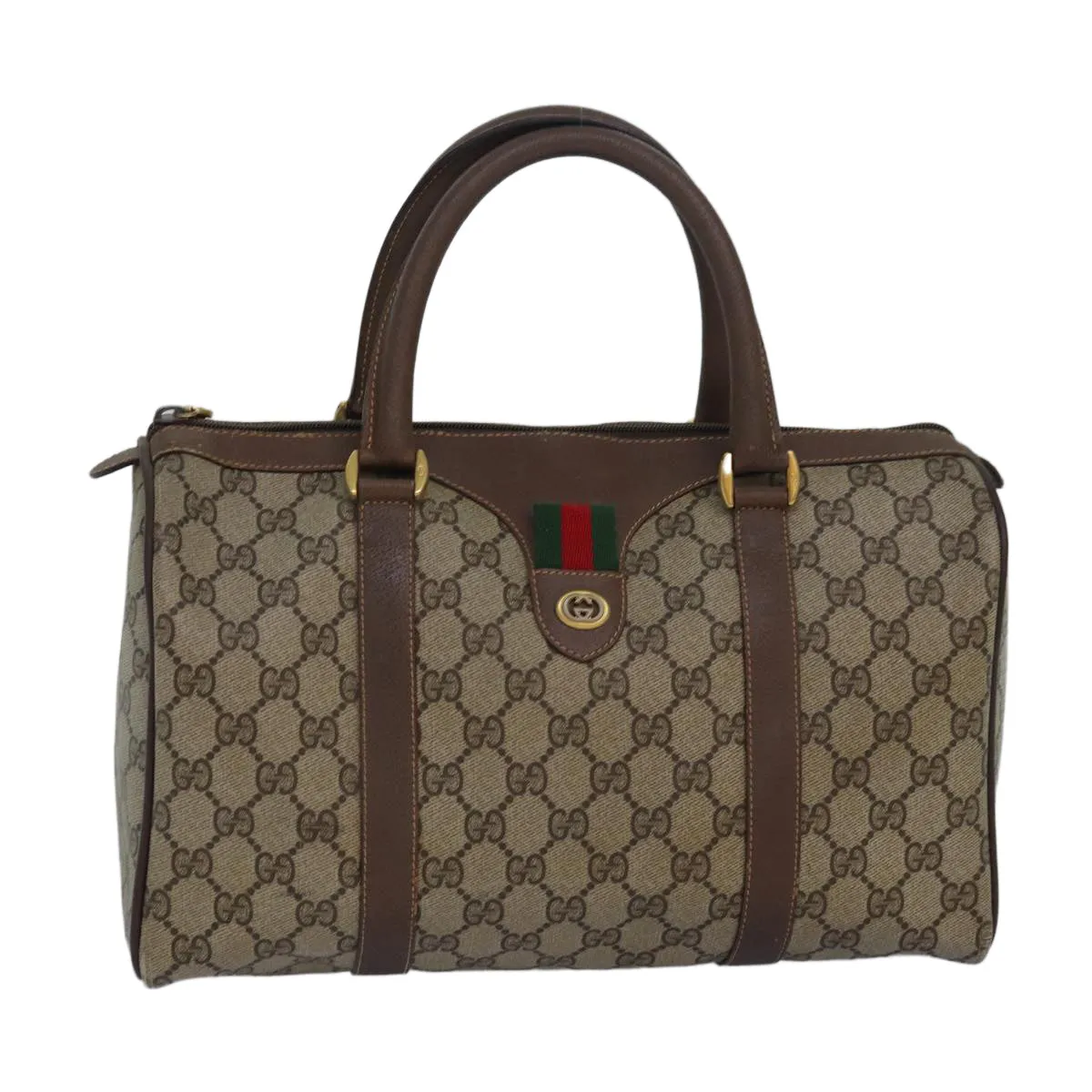 GUCCI GG Supreme Web Sherry Line Boston Bag PVC Leather Beige 81054