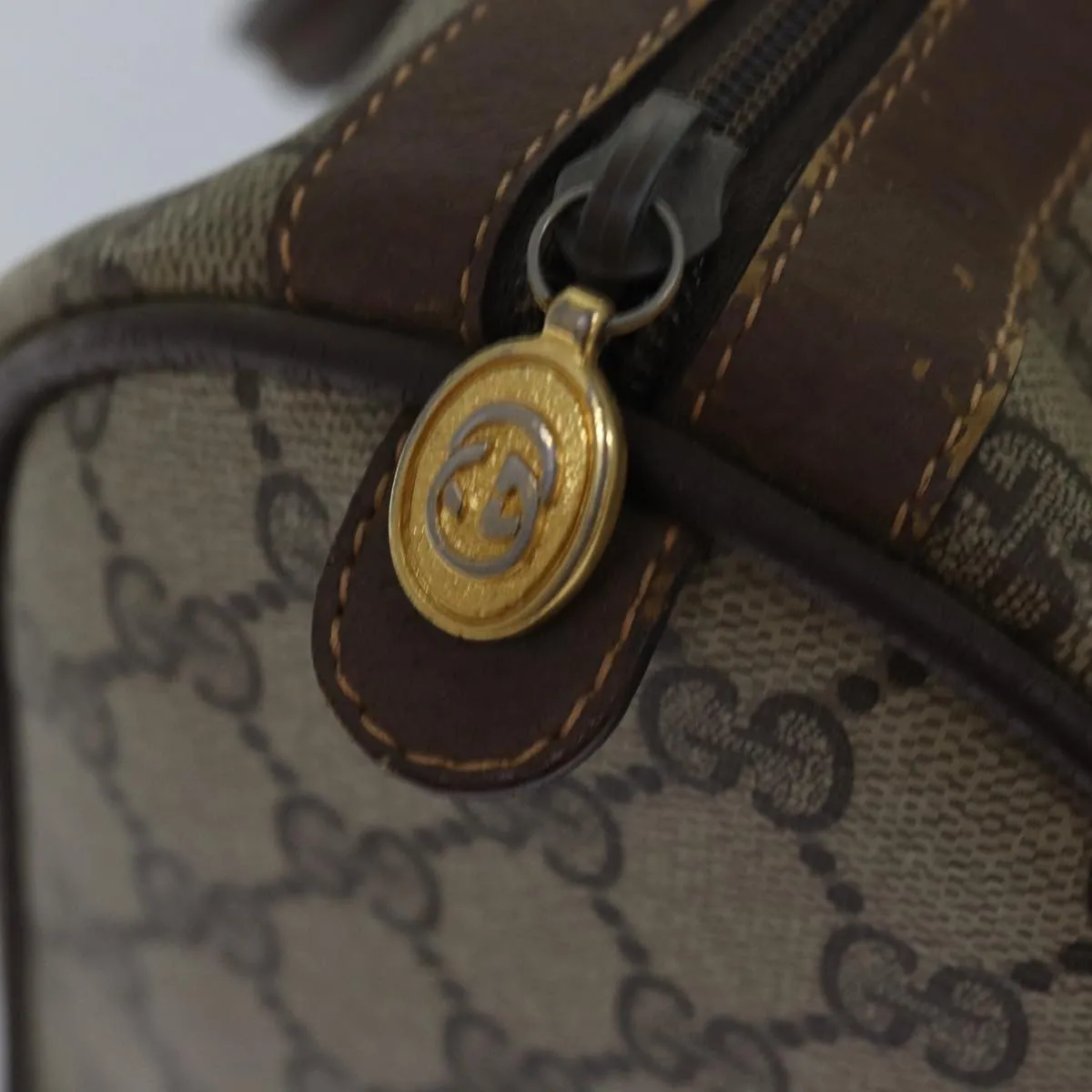 GUCCI GG Supreme Web Sherry Line Boston Bag PVC Leather Beige 81054