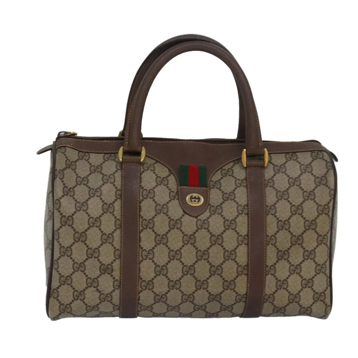 GUCCI GG Supreme Web Sherry Line Boston Bag PVC Leather Beige 81054