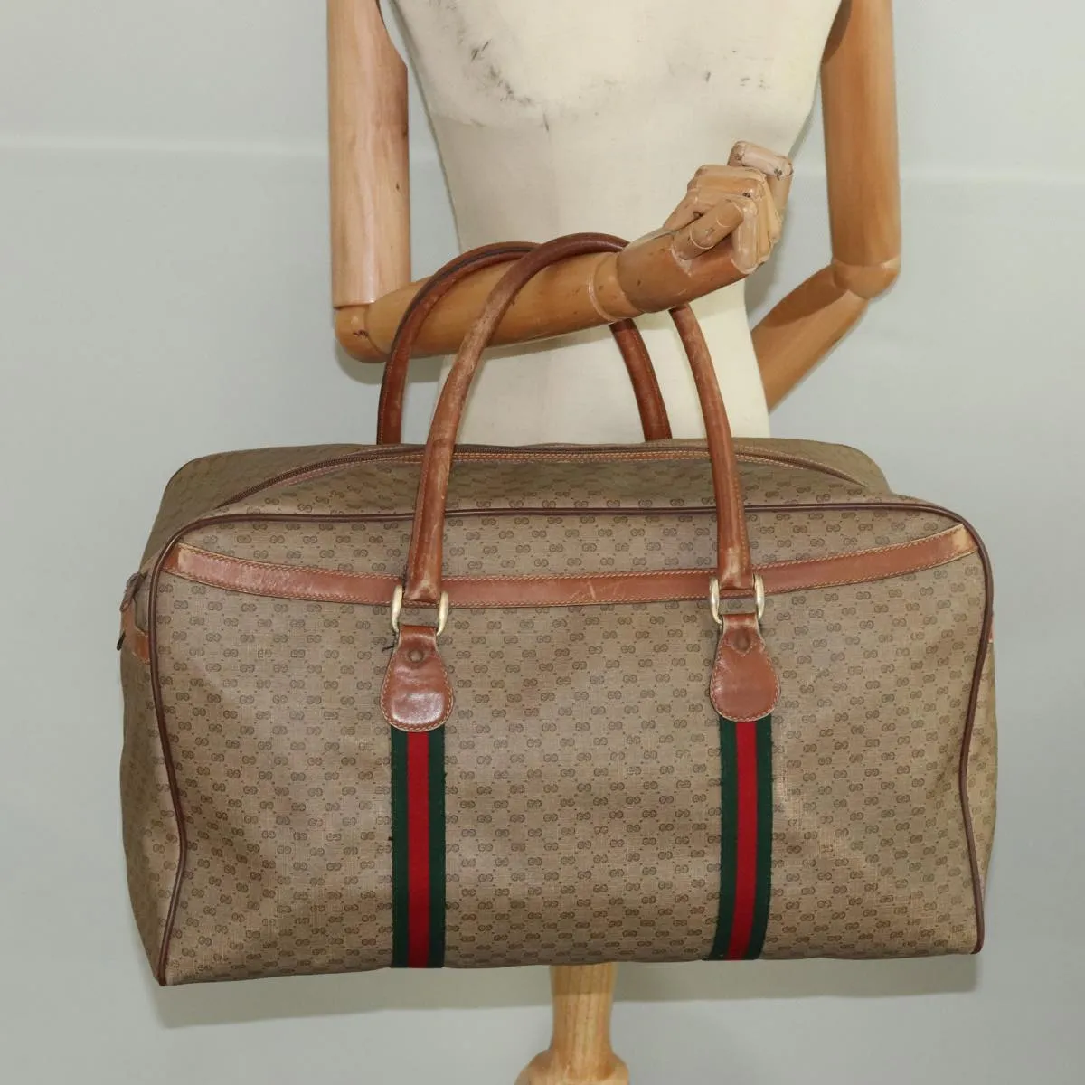 GUCCI Micro GG Canvas Web Sherry Line Boston Bag PVC Beige Gold ti2383