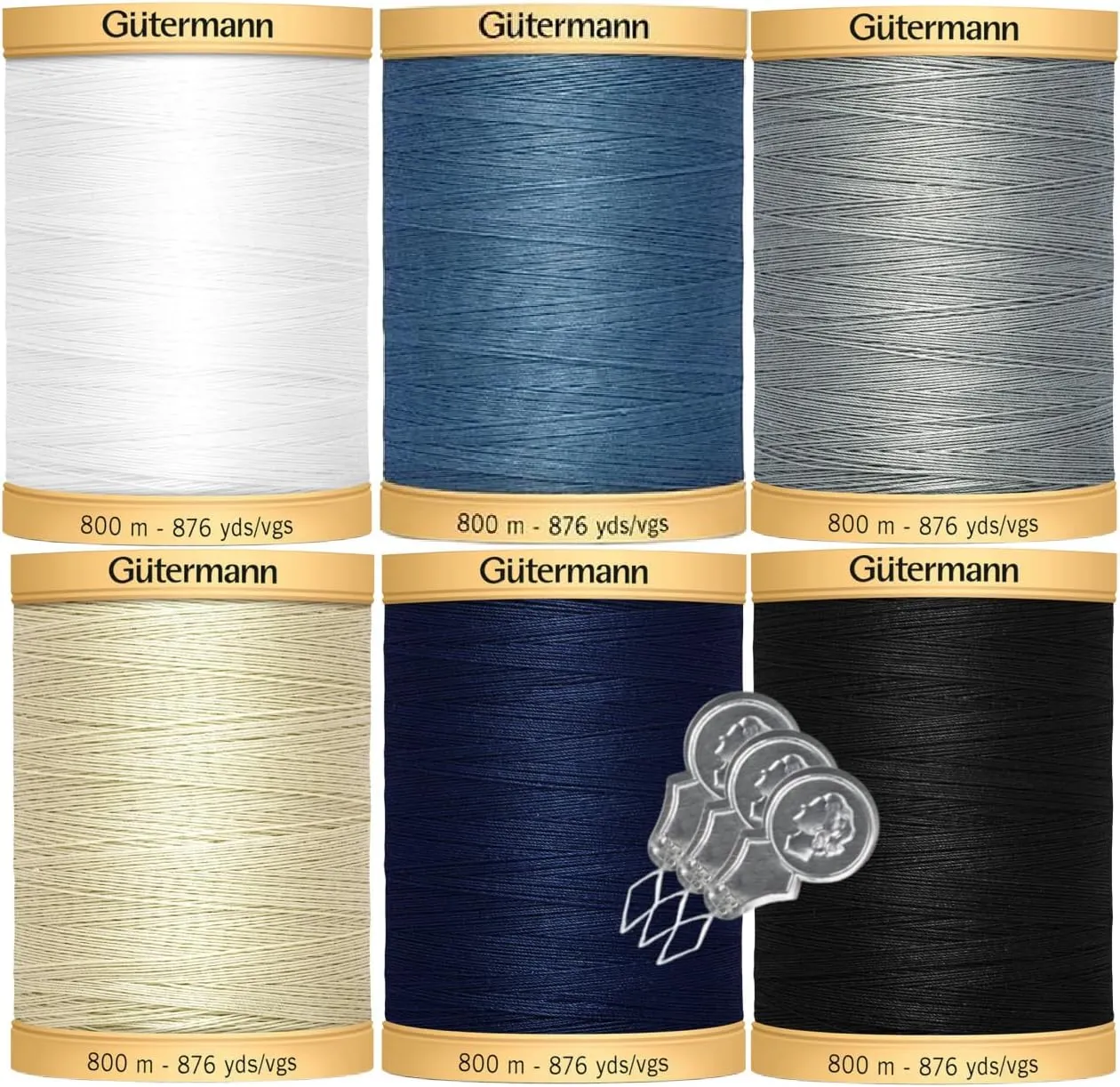 Gutermann Natural Cotton Thread (876yd/800m Each) 6-Pack Bundle with 3 Bella's Crafts Needle Threaders (Basics)