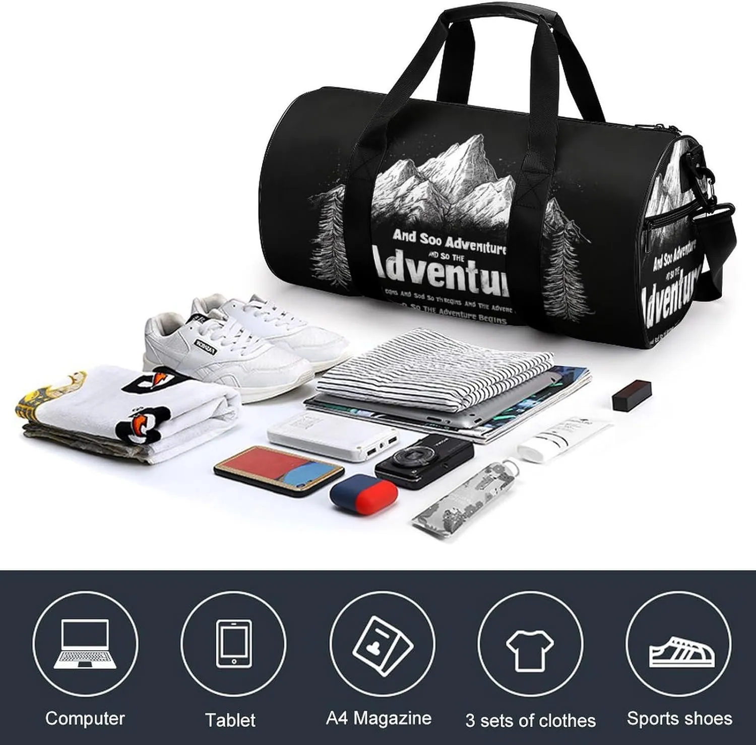 Gym Bag for Men Women Lightweight Sports Duffle Bag with Multiple Compartments Cylindrical Gym Bag for Fitness Travel And Outdoor Activities Ater Resistant Yoga Bag Training Bag Adventure Awaits