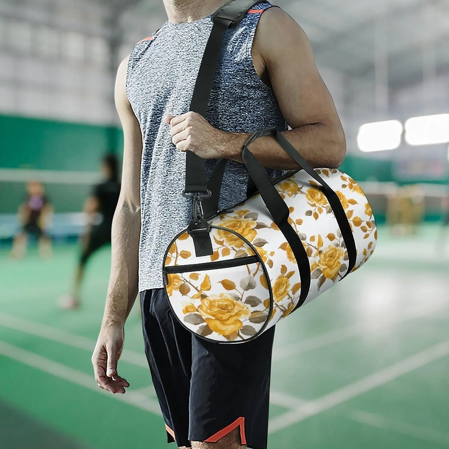 Gym Bag Men & Women Sport Gym Fitness Tote Cylindrical Mustard Yellow Rose Printed Waterproof Shoulder
