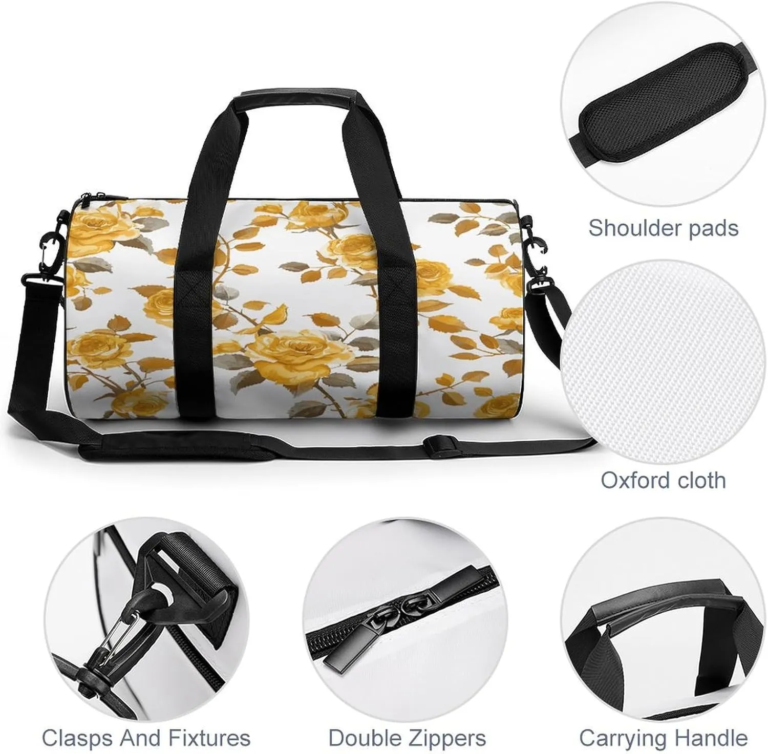Gym Bag Men & Women Sport Gym Fitness Tote Cylindrical Mustard Yellow Rose Printed Waterproof Shoulder
