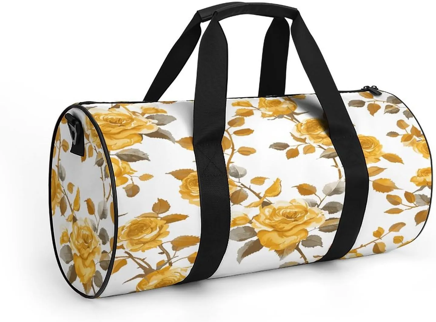Gym Bag Men & Women Sport Gym Fitness Tote Cylindrical Mustard Yellow Rose Printed Waterproof Shoulder