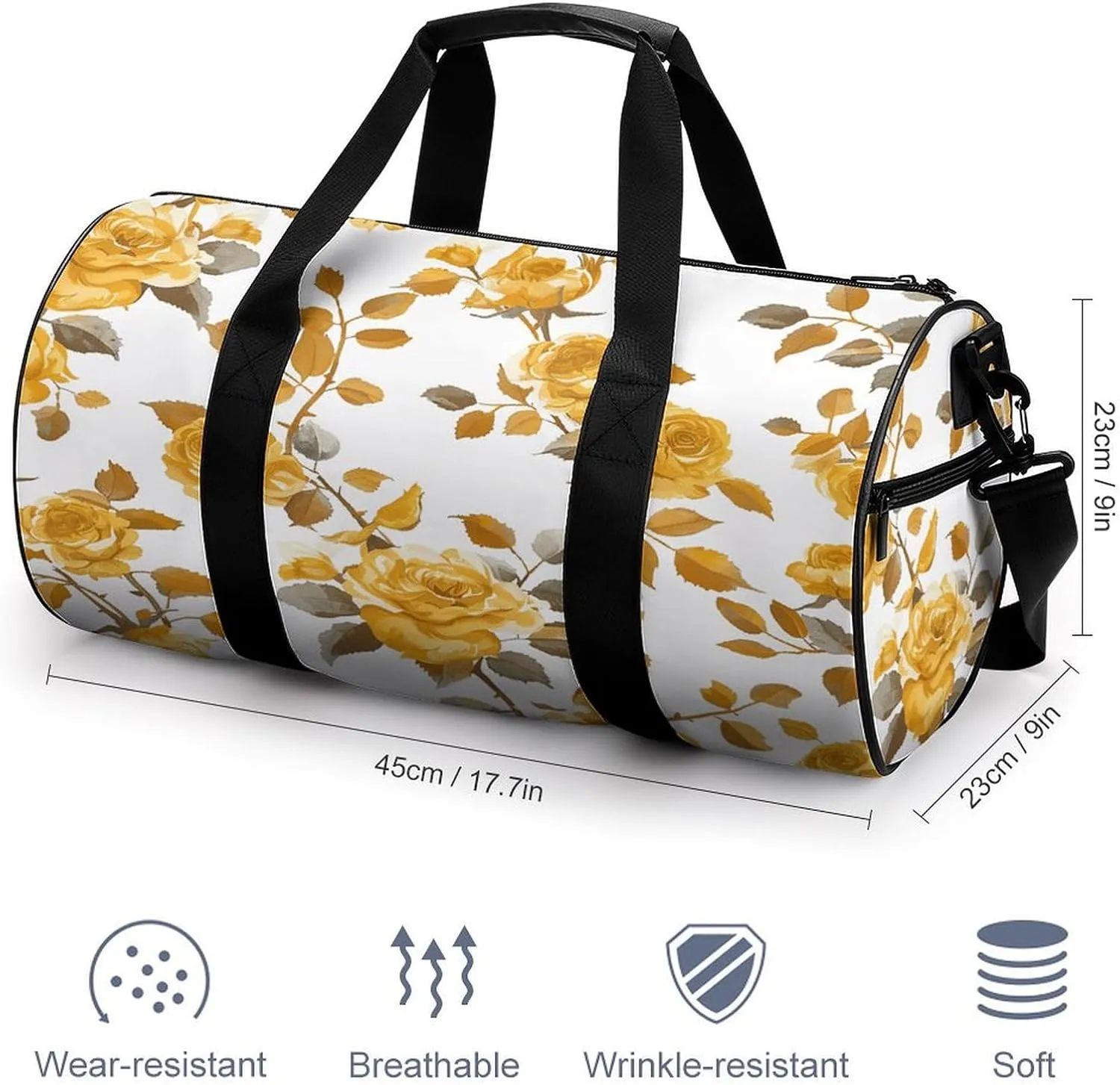 Gym Bag Men & Women Sport Gym Fitness Tote Cylindrical Mustard Yellow Rose Printed Waterproof Shoulder