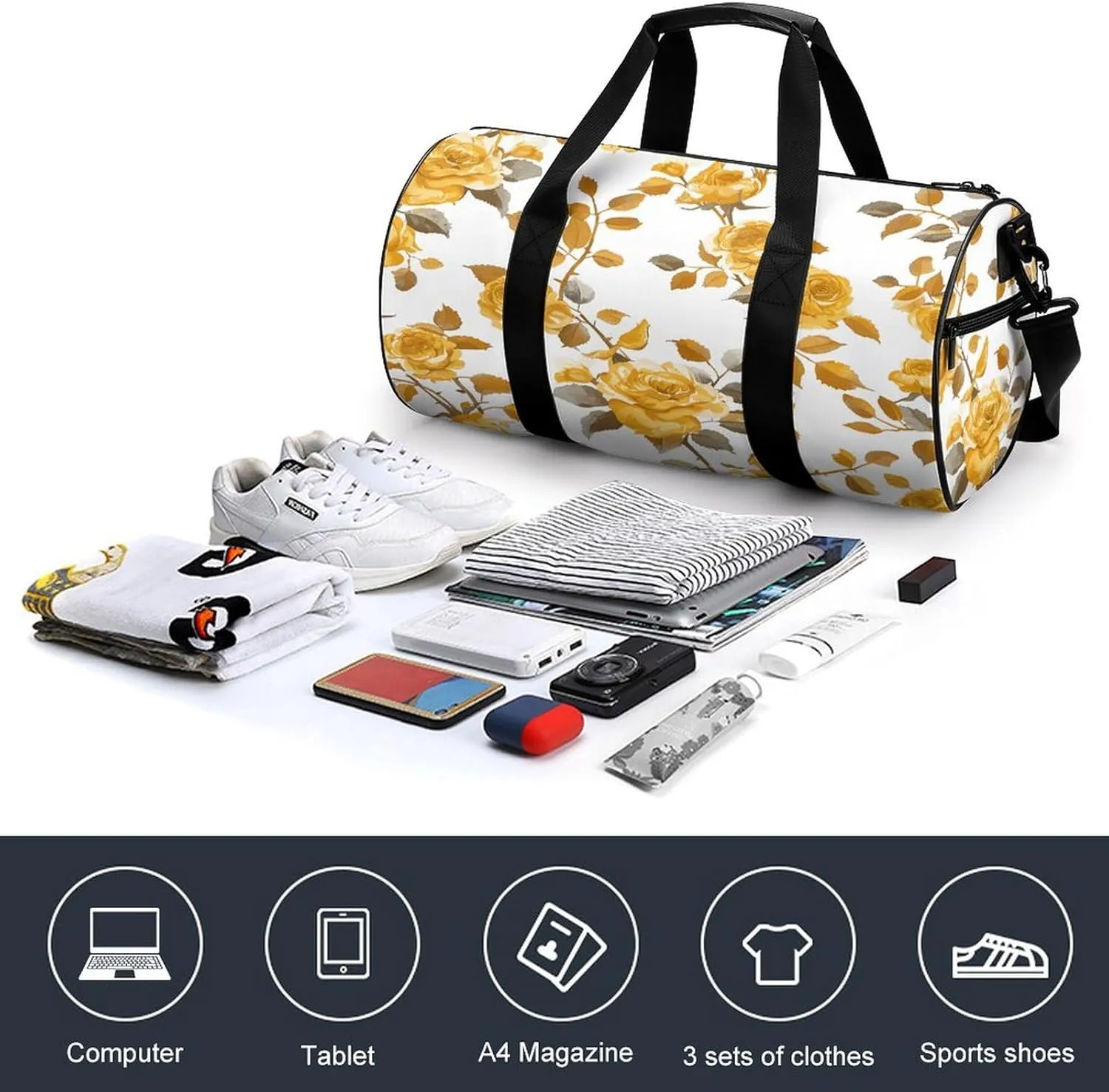 Gym Bag Men & Women Sport Gym Fitness Tote Cylindrical Mustard Yellow Rose Printed Waterproof Shoulder