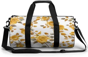 Gym Bag Men & Women Sport Gym Fitness Tote Cylindrical Mustard Yellow Rose Printed Waterproof Shoulder