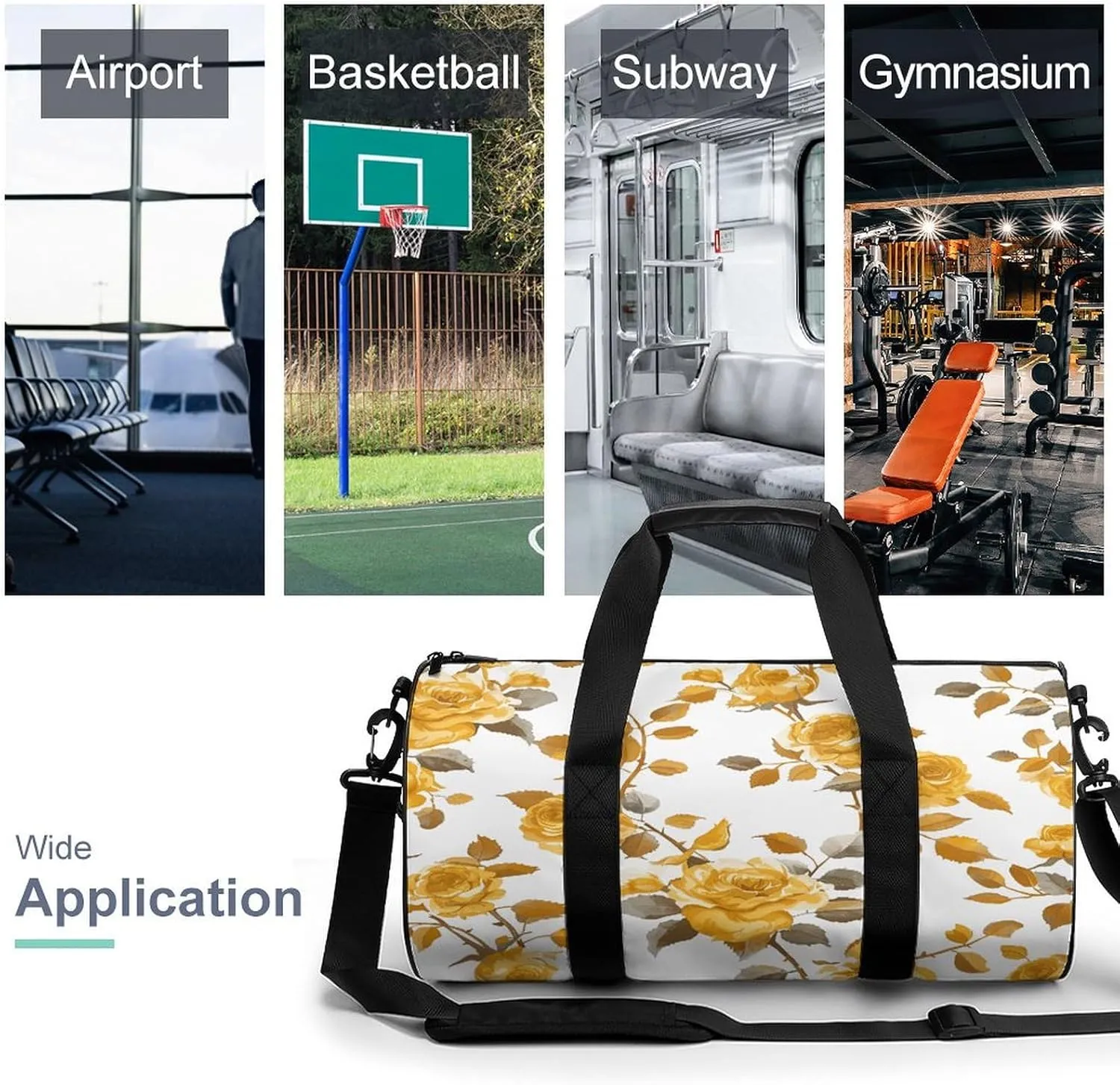 Gym Bag Men & Women Sport Gym Fitness Tote Cylindrical Mustard Yellow Rose Printed Waterproof Shoulder