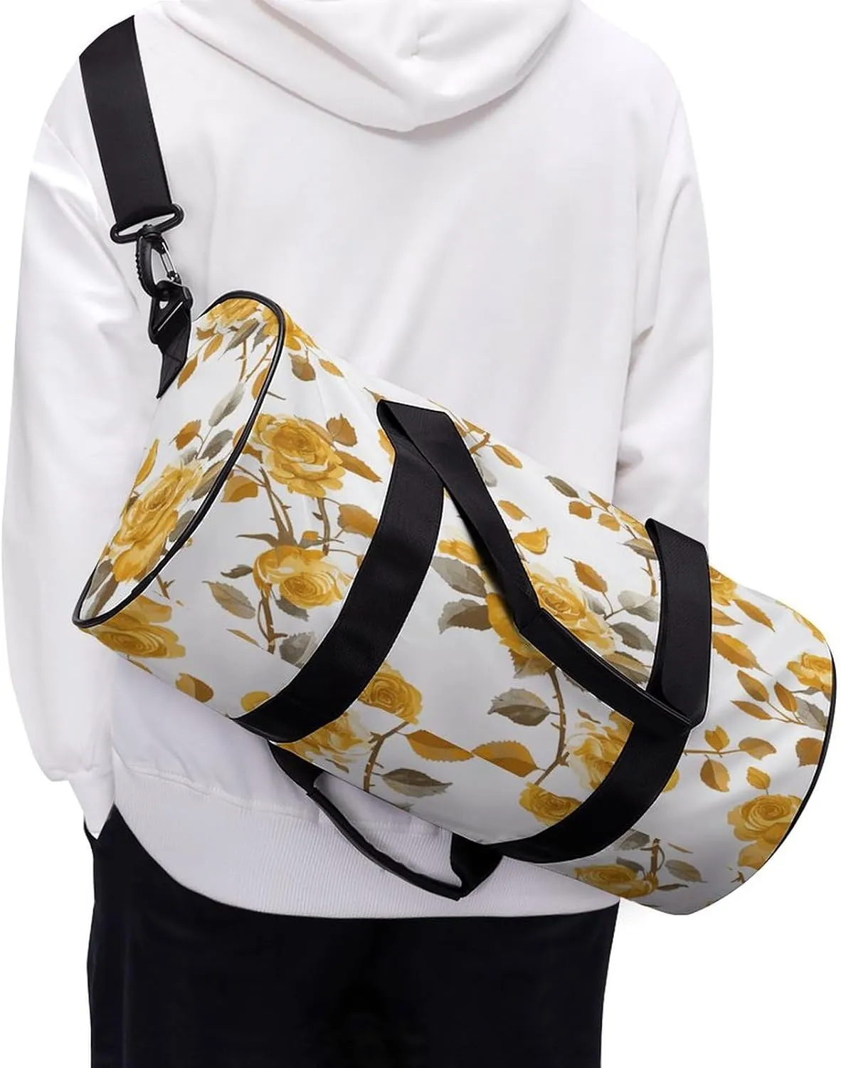 Gym Bag Men & Women Sport Gym Fitness Tote Cylindrical Mustard Yellow Rose Printed Waterproof Shoulder