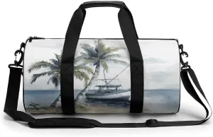 Gym Bag Men & Women Sport Gym Fitness Tote Cylindrical Palm Trees Fishing Boat Printed Waterproof Shoulder