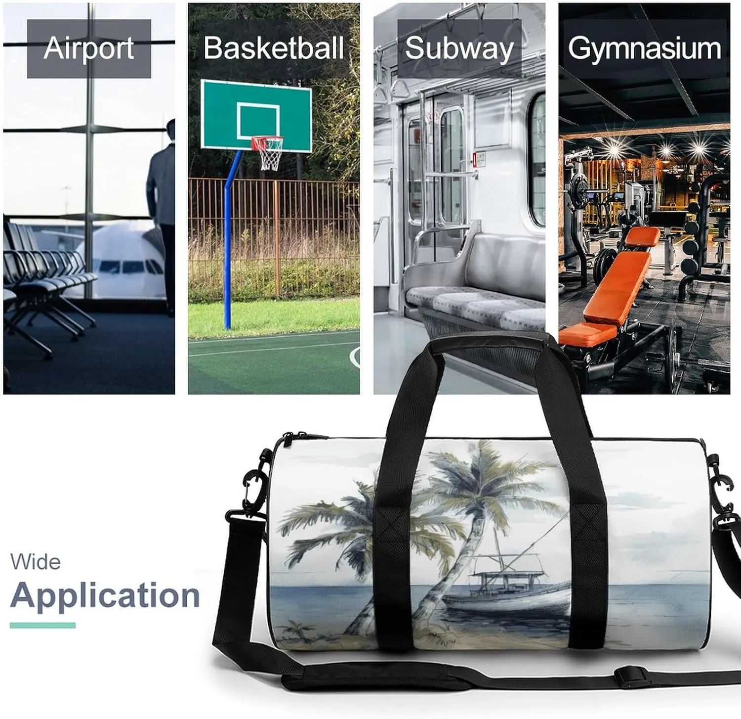 Gym Bag Men & Women Sport Gym Fitness Tote Cylindrical Palm Trees Fishing Boat Printed Waterproof Shoulder