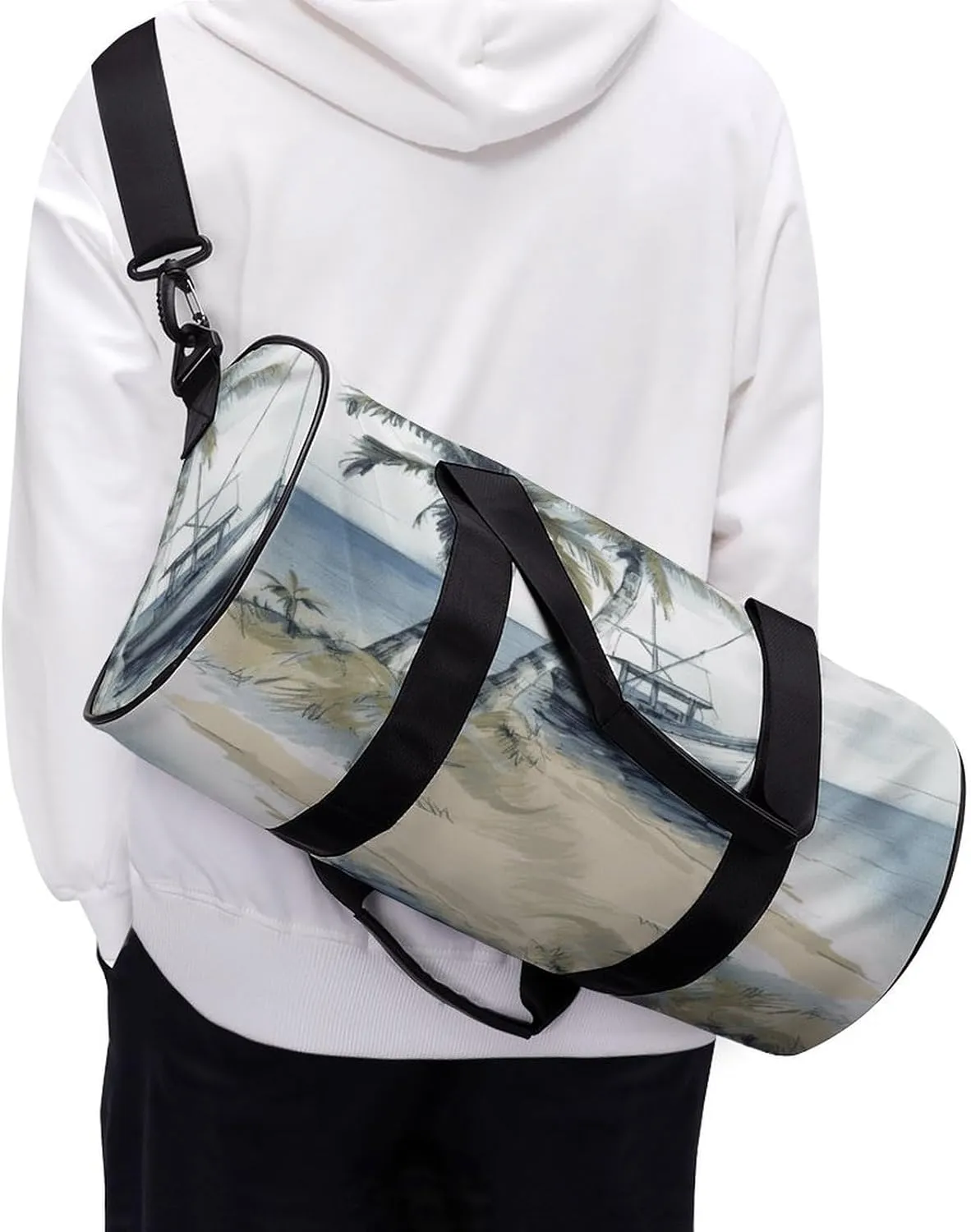 Gym Bag Men & Women Sport Gym Fitness Tote Cylindrical Palm Trees Fishing Boat Printed Waterproof Shoulder