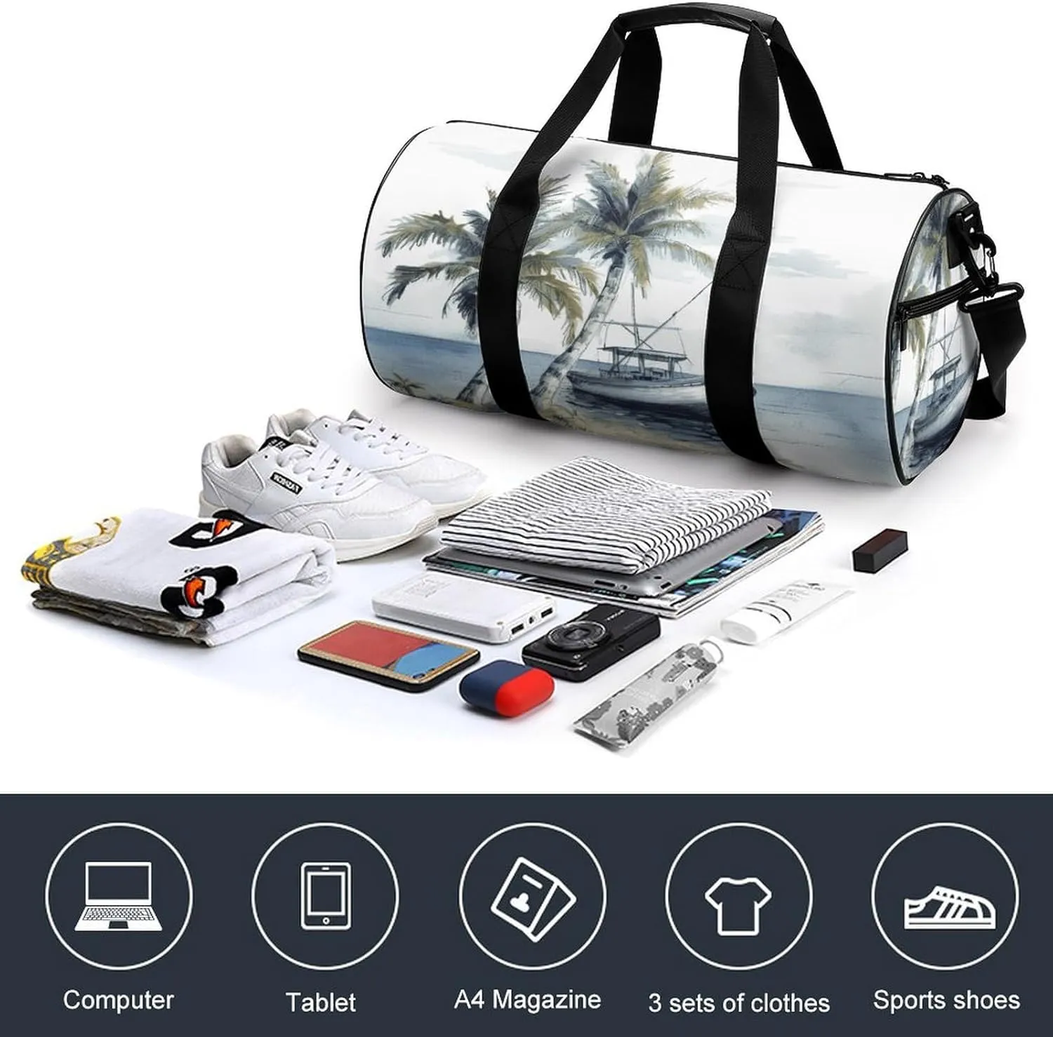 Gym Bag Men & Women Sport Gym Fitness Tote Cylindrical Palm Trees Fishing Boat Printed Waterproof Shoulder
