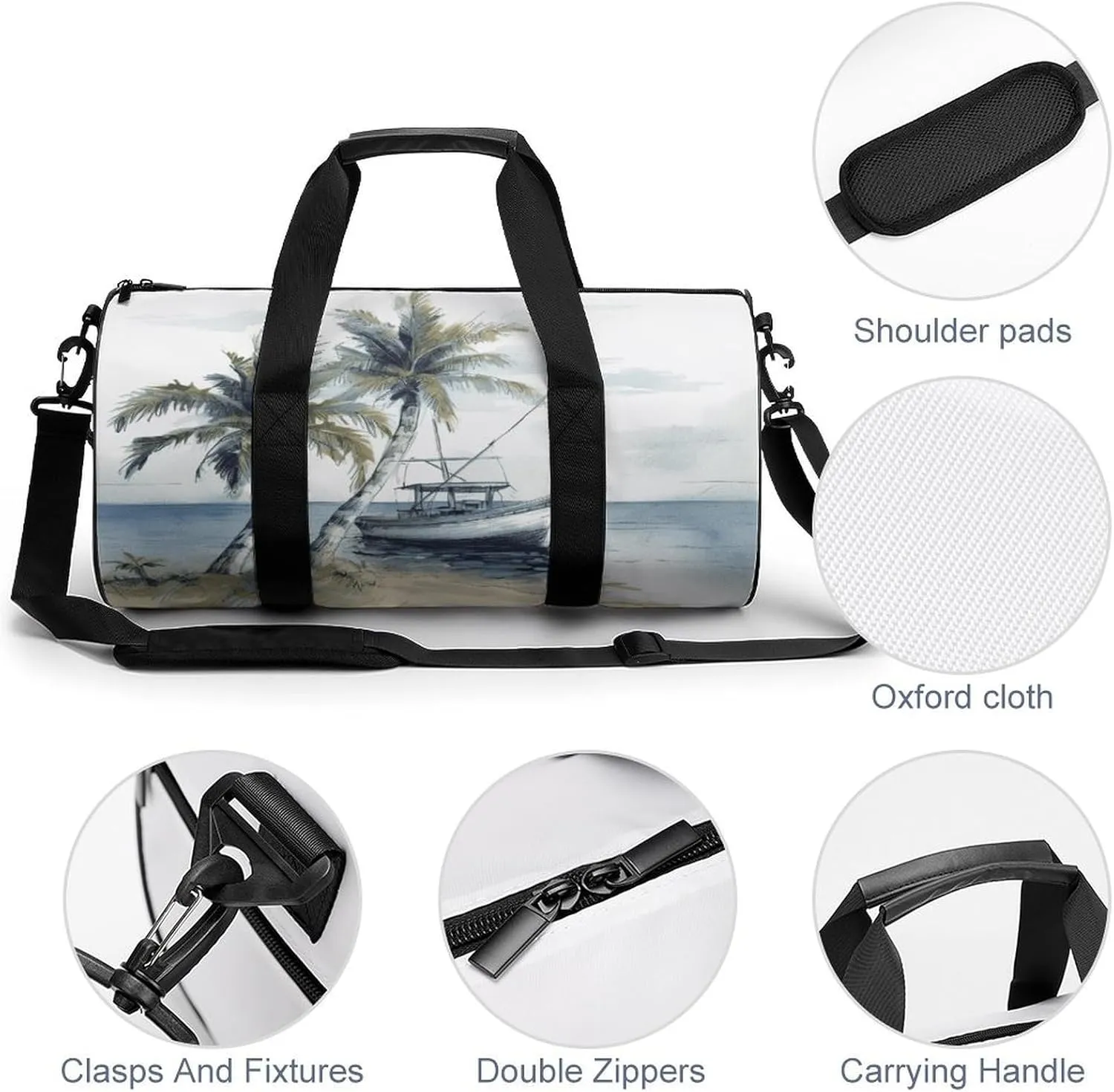 Gym Bag Men & Women Sport Gym Fitness Tote Cylindrical Palm Trees Fishing Boat Printed Waterproof Shoulder