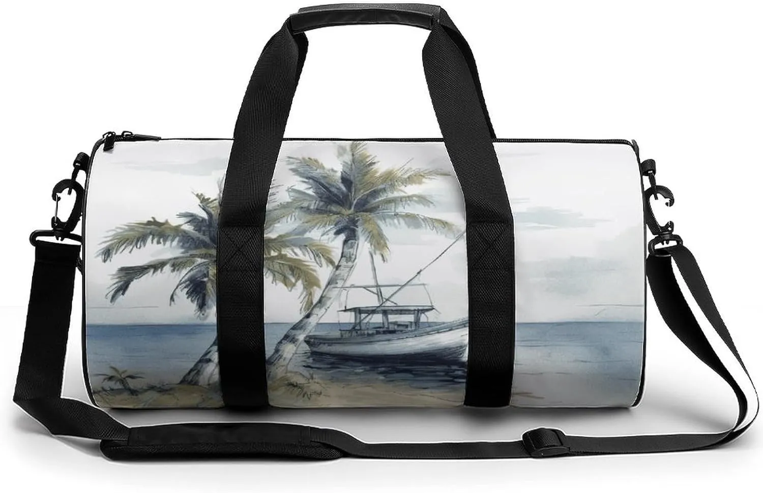 Gym Bag Men & Women Sport Gym Fitness Tote Cylindrical Palm Trees Fishing Boat Printed Waterproof Shoulder