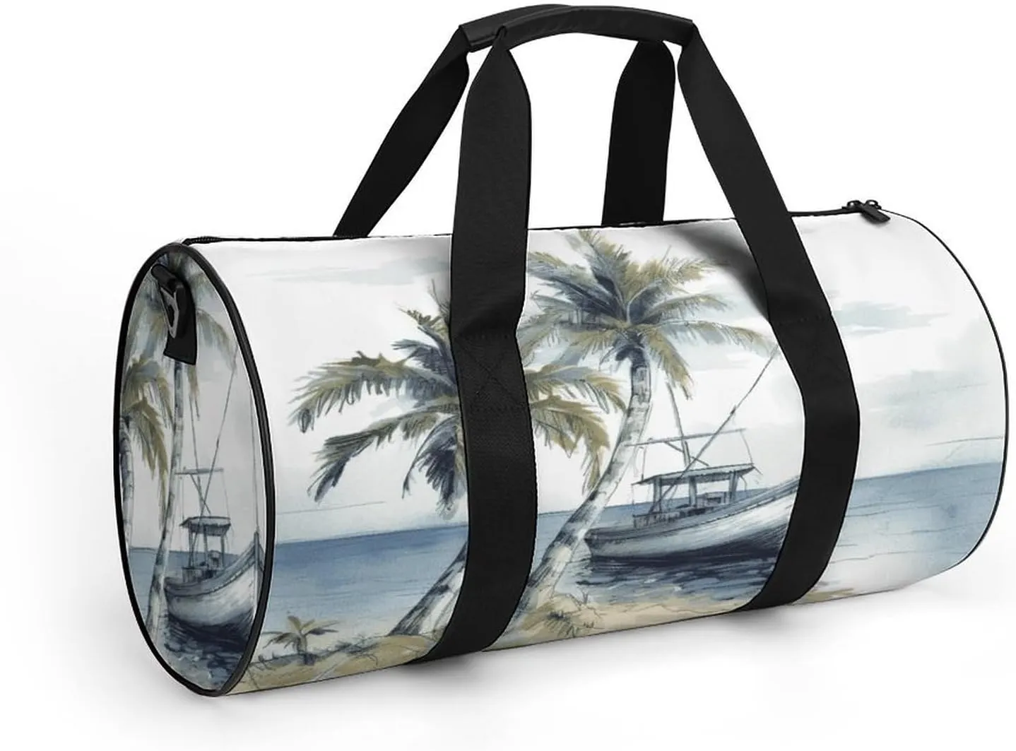Gym Bag Men & Women Sport Gym Fitness Tote Cylindrical Palm Trees Fishing Boat Printed Waterproof Shoulder