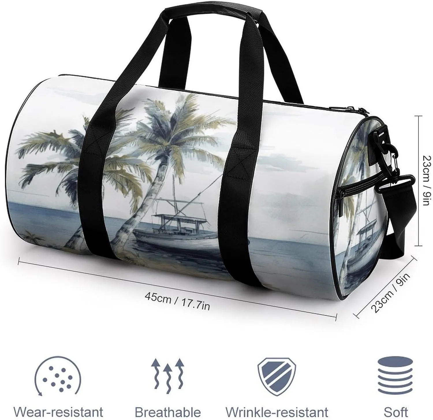 Gym Bag Men & Women Sport Gym Fitness Tote Cylindrical Palm Trees Fishing Boat Printed Waterproof Shoulder