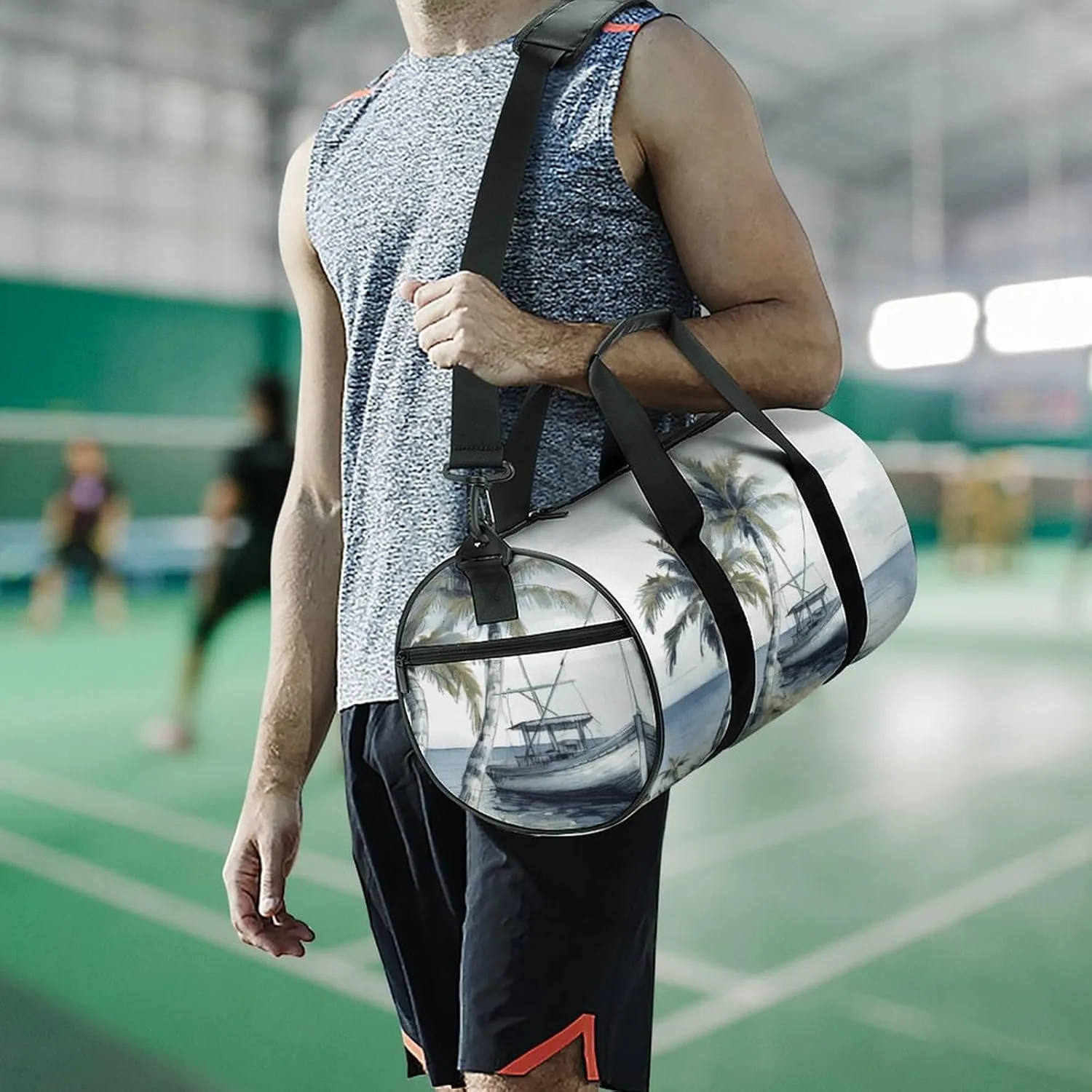 Gym Bag Men & Women Sport Gym Fitness Tote Cylindrical Palm Trees Fishing Boat Printed Waterproof Shoulder