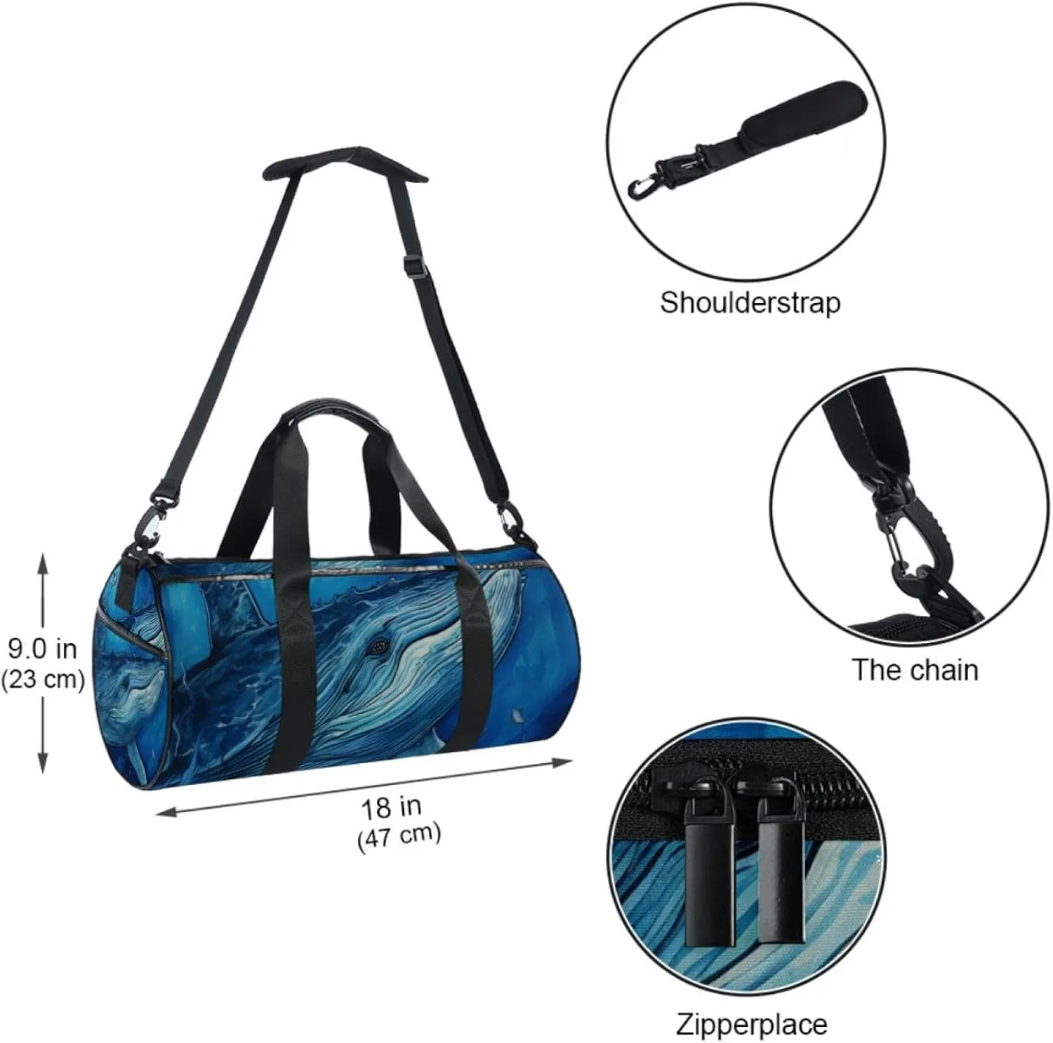 Gym Bags for Women,Duffle Bag for Travel,Watercolor Whale Hand Drawn Blue,Gym Bag for Men