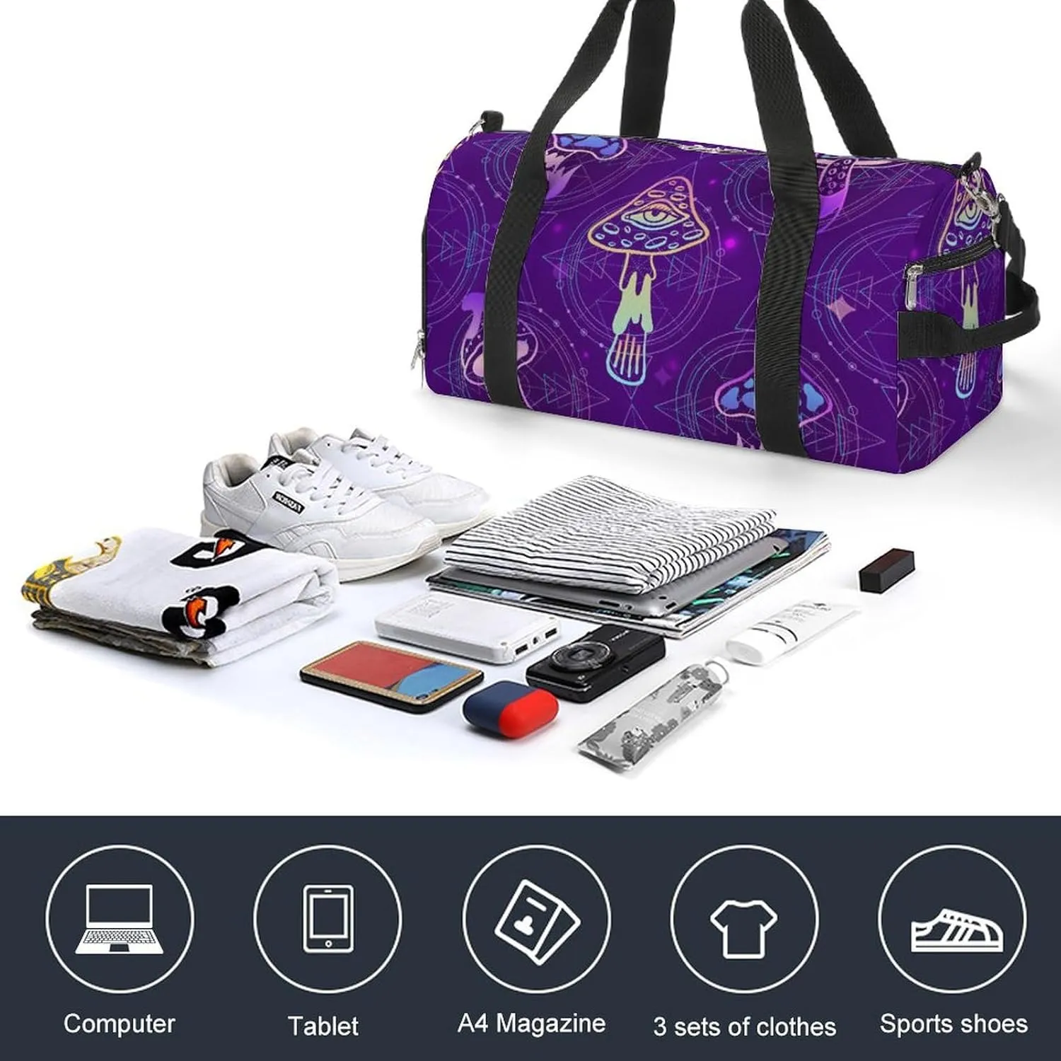 Gym Duffel Bag with Shoe Compartment Wet Pocket, Psychedelic Mushrooms Travel Bag for Men Women