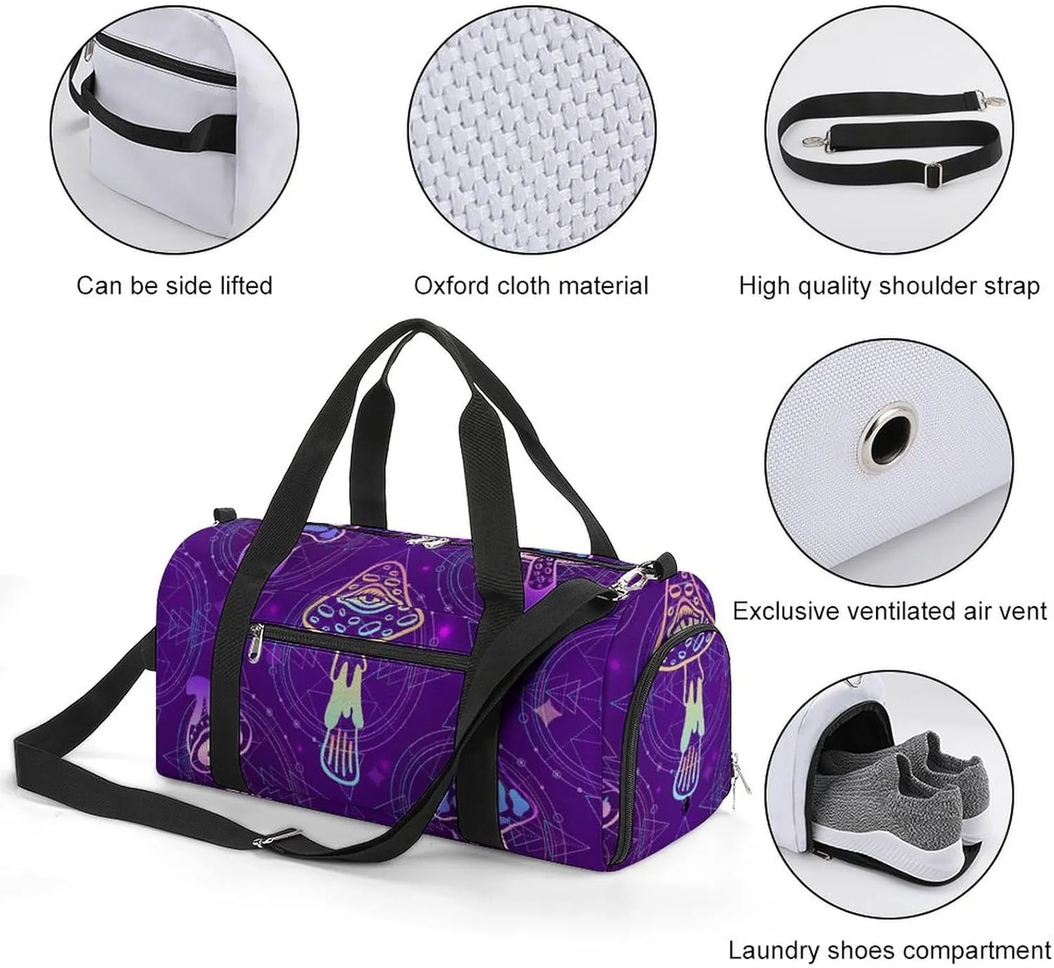 Gym Duffel Bag with Shoe Compartment Wet Pocket, Psychedelic Mushrooms Travel Bag for Men Women