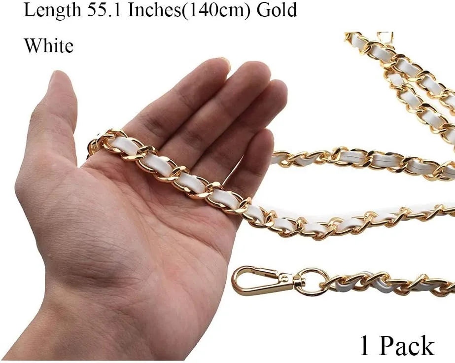 HAHIYO Metal Plus Synthetic Leather Purse Chain Strap Length 55.1 Inch Gold White for Shoulder Cross Body Sling Purse Handbag Clutch Replacement Comfortable 0.47 Inch Wide 5mm Extra Thick 1 Pack