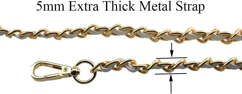 HAHIYO Metal Plus Synthetic Leather Purse Chain Strap Length 55.1 Inch Gold White for Shoulder Cross Body Sling Purse Handbag Clutch Replacement Comfortable 0.47 Inch Wide 5mm Extra Thick 1 Pack