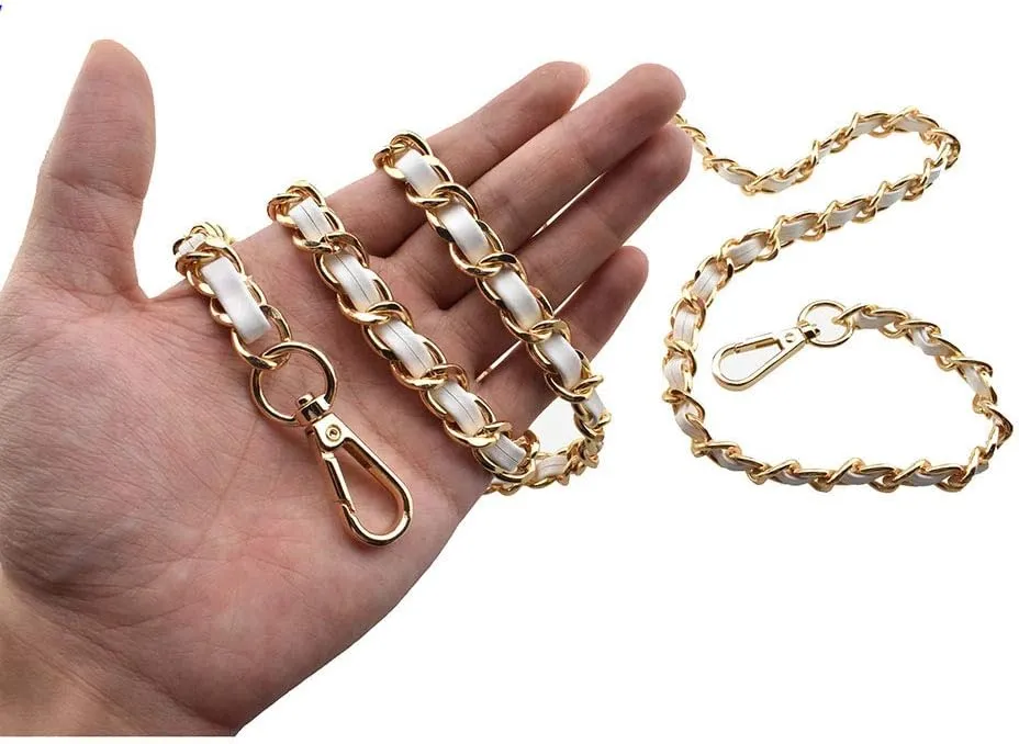 HAHIYO Metal Plus Synthetic Leather Purse Chain Strap Length 55.1 Inch Gold White for Shoulder Cross Body Sling Purse Handbag Clutch Replacement Comfortable 0.47 Inch Wide 5mm Extra Thick 1 Pack