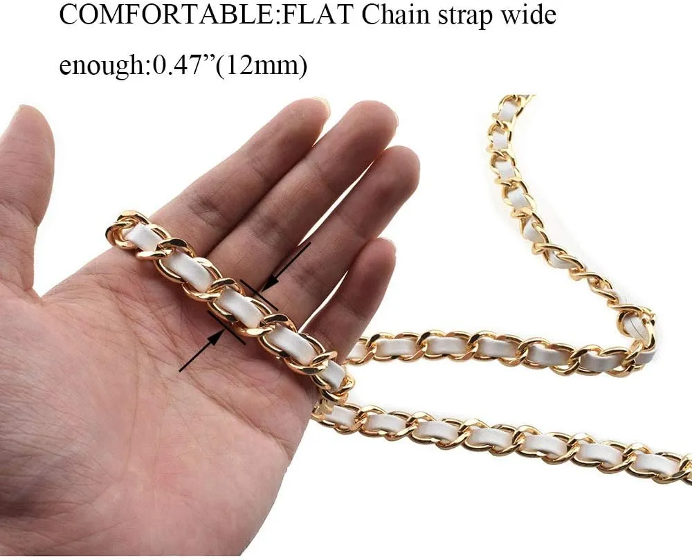 HAHIYO Metal Plus Synthetic Leather Purse Chain Strap Length 55.1 Inch Gold White for Shoulder Cross Body Sling Purse Handbag Clutch Replacement Comfortable 0.47 Inch Wide 5mm Extra Thick 1 Pack