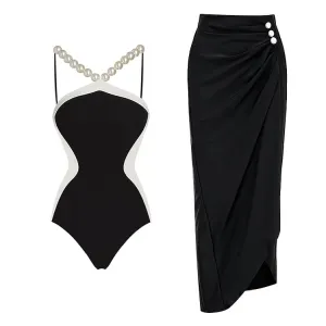 Halter Artificial Pearl Chain One Piece Swimsuit Set - As shown / S