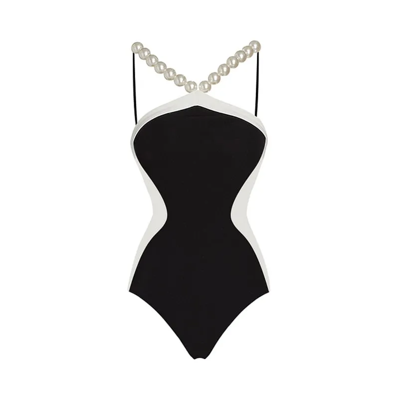 Halter Artificial Pearl Chain One Piece Swimsuit Set - As shown / S