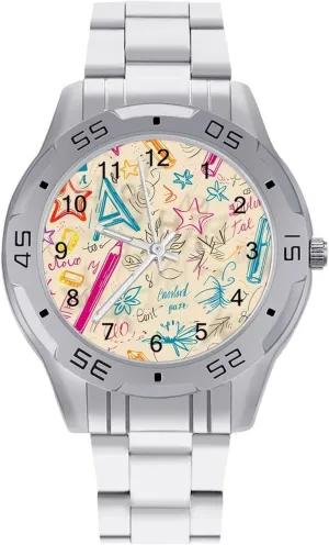Hand Drawn Crayon Doodles Simple Stainless Steel Band Business Watch Dress Wrist Unique Luxury Work Casual Waterproof Watches