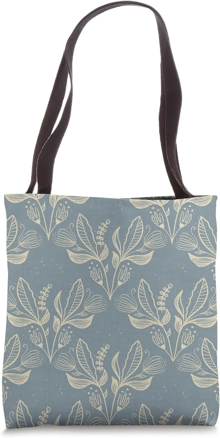 Hand Drawn Folk Floral Botanical in Slate Blue & Ivory Tote Bag