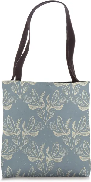Hand Drawn Folk Floral Botanical in Slate Blue & Ivory Tote Bag