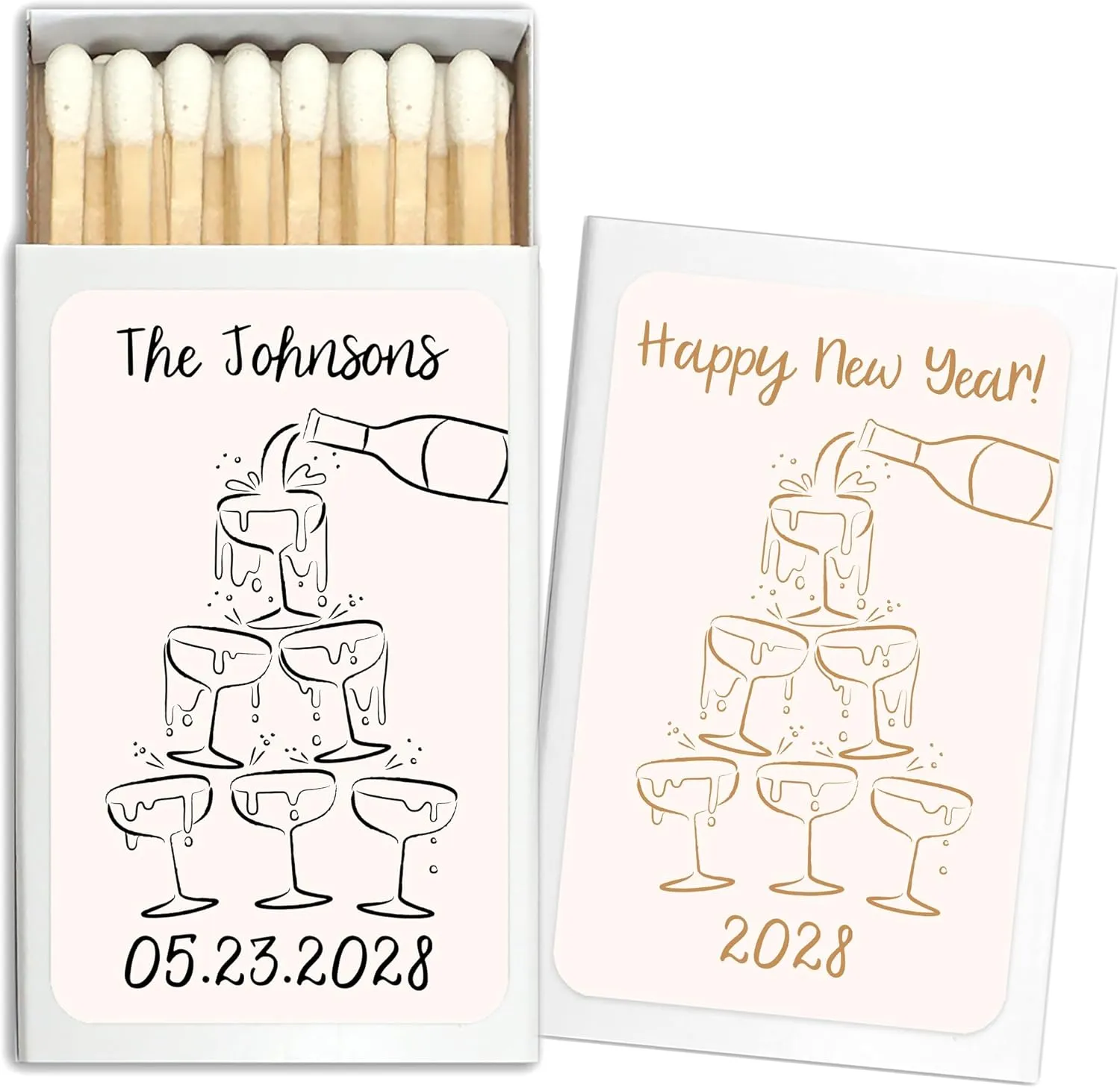 Hand Drawn Party Matches, Personalized Matches for Wedding Favors, Champagne Tower Matchboxes - Custom Wedding Matches (Set of 50 Matchboxes) (White Box)